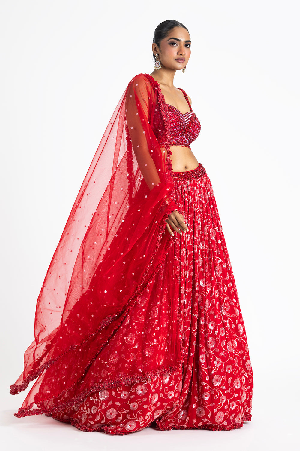 Red Georgette Lehenga With Bustier Blouse And Net Dupatta