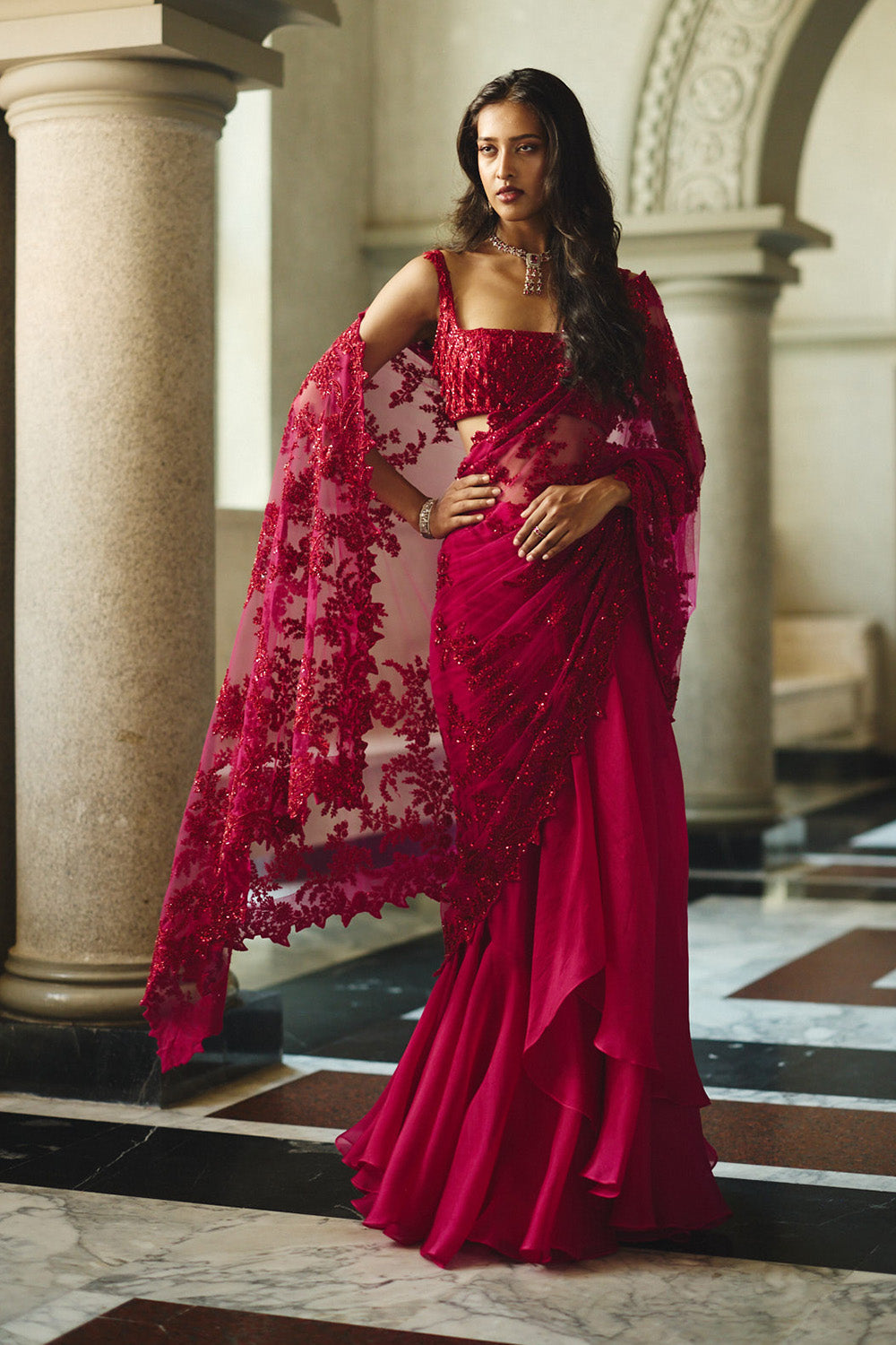 Red Green New Athena Ruffle Saree Set