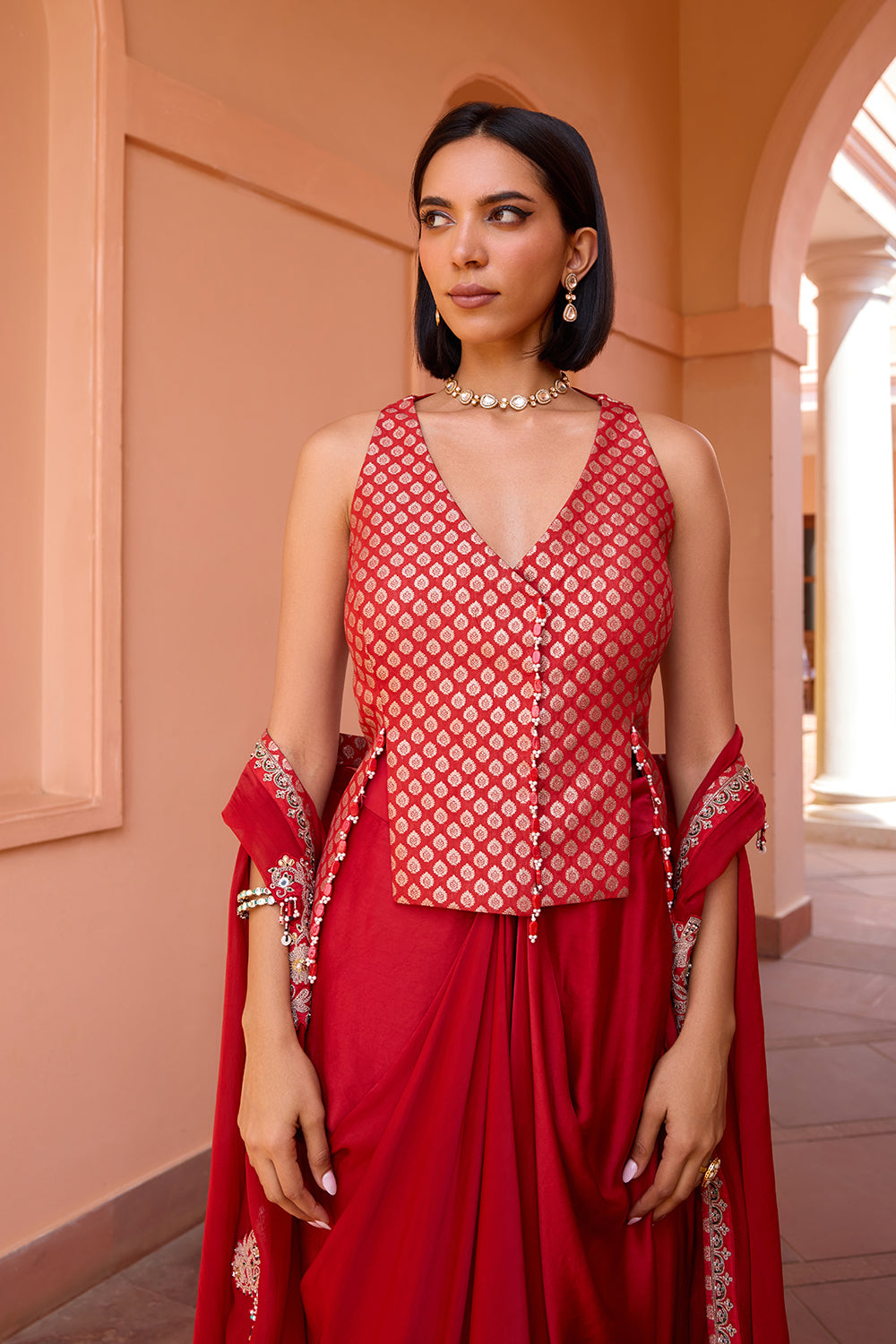 Red jacket with drape skirt set
