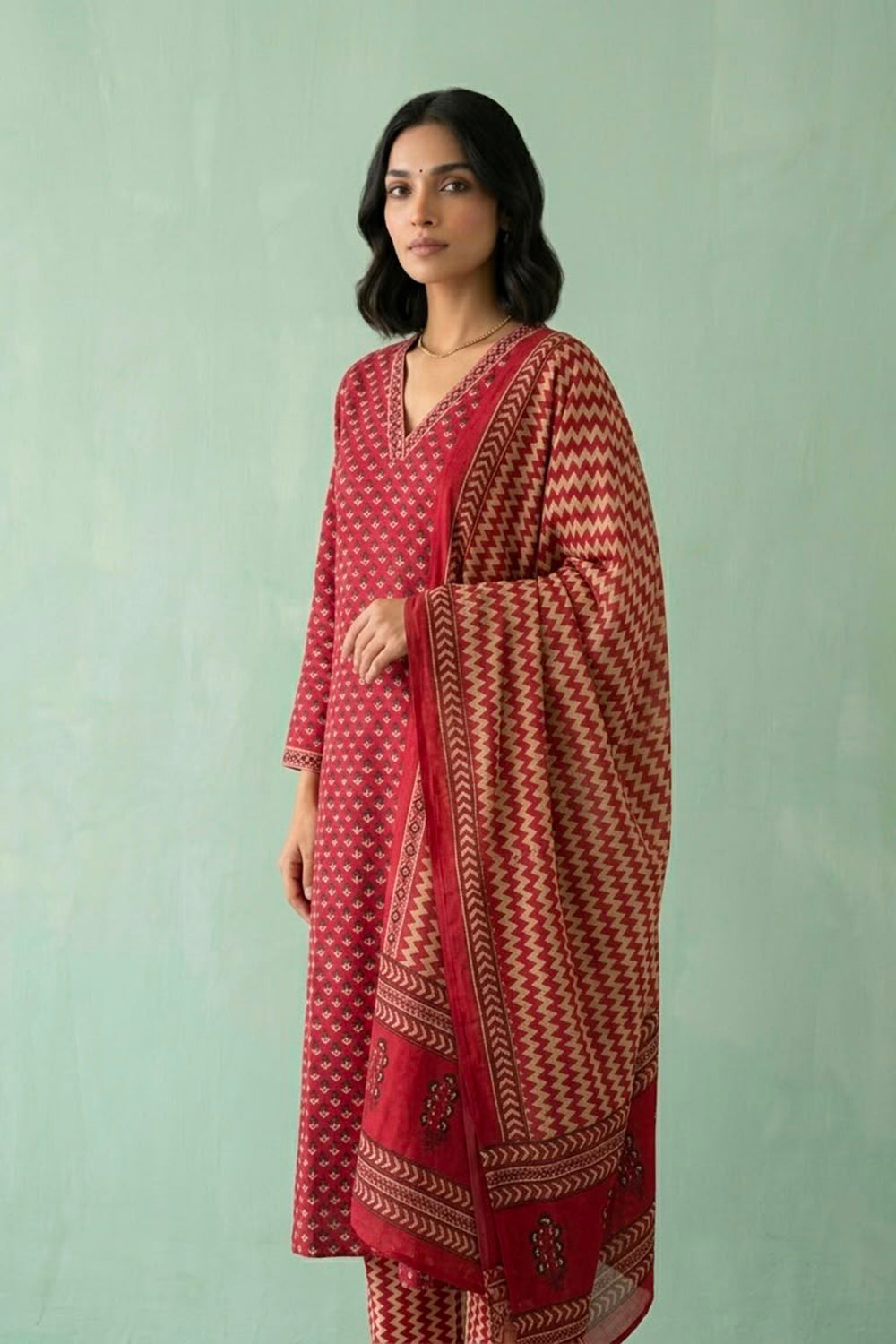 Red kurta paired with zig zag printed pants and dupatta