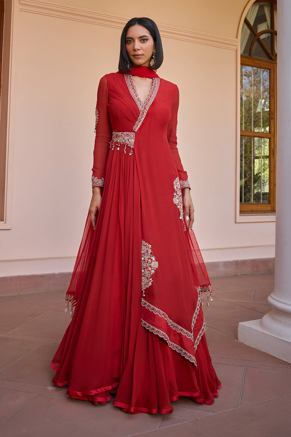 red layered and embroidered anarakali gown with dupatta