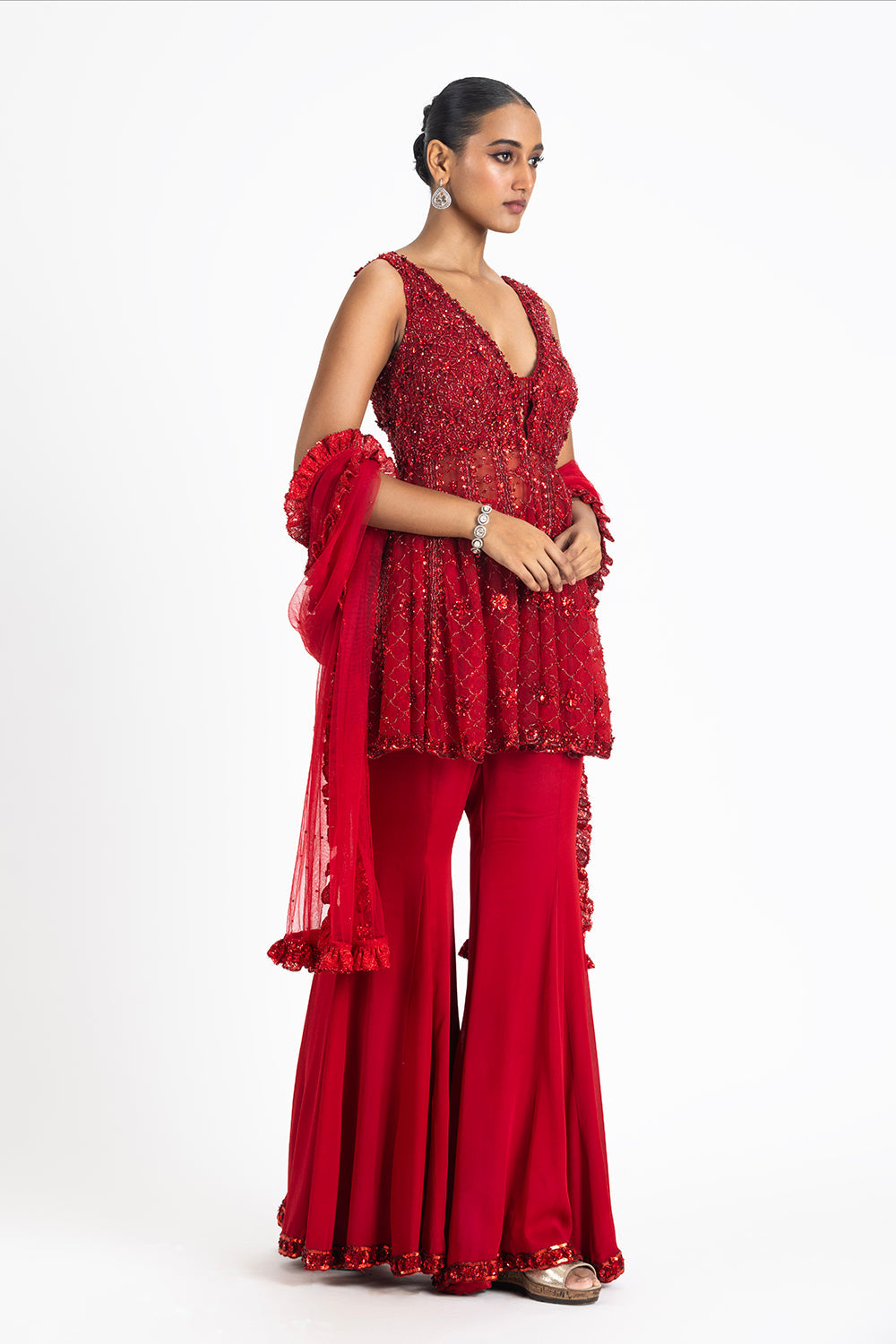 Red Net Peplum kurta and Sharara Set