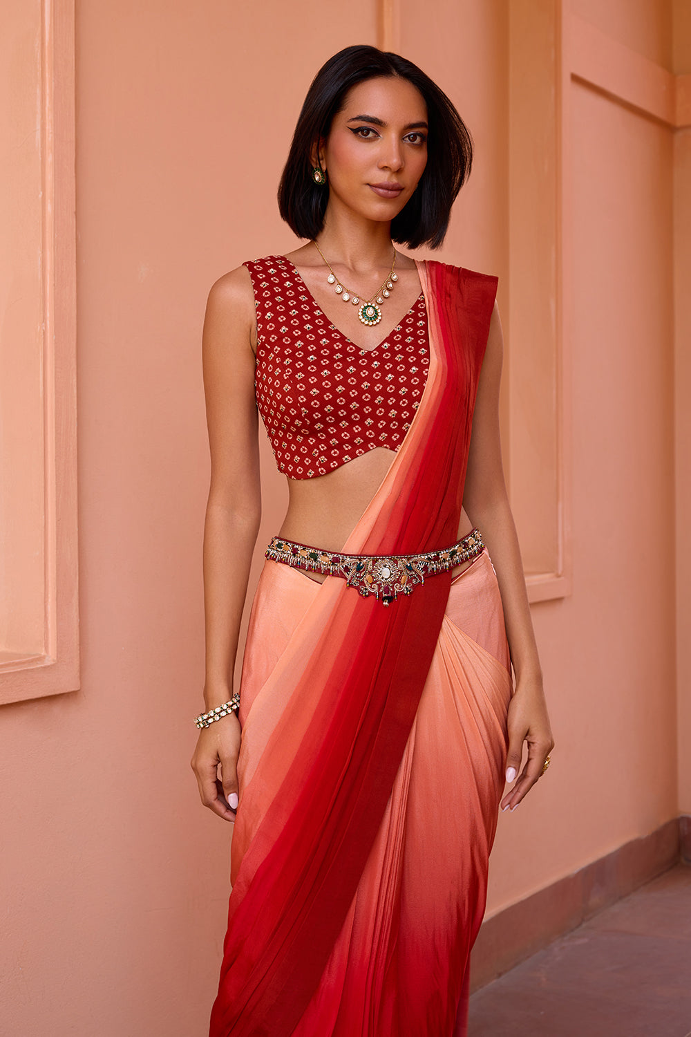 Red ombre pre stitched saree set