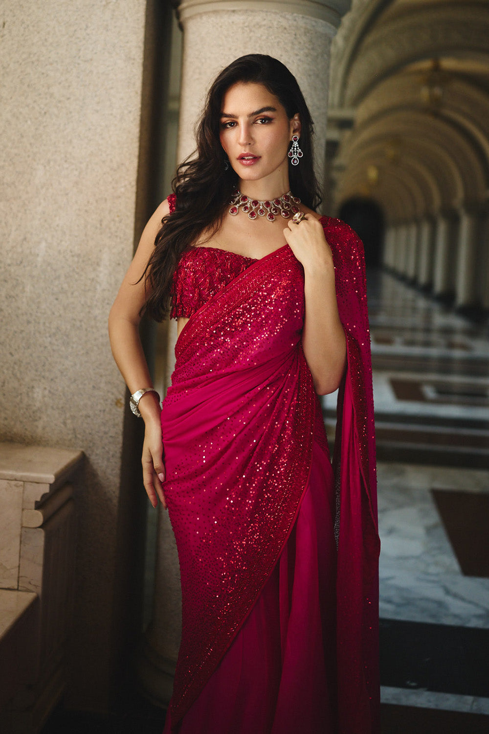 Red On Red Cutdana Sequence Ruffle Saree Set