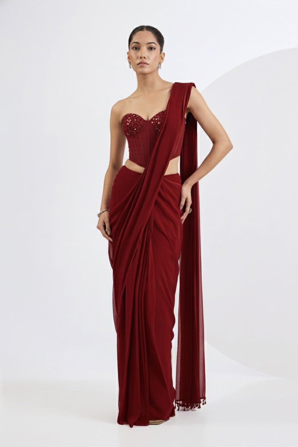 Red Pre Draped Saree Set