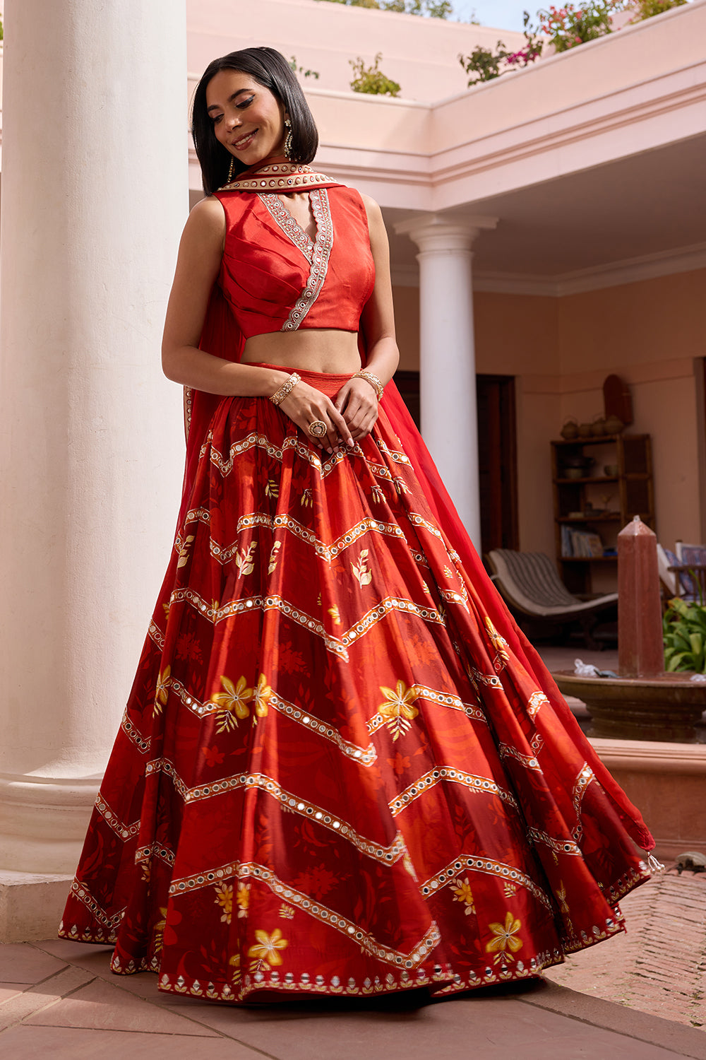 Red printed and embroidered lehenga set