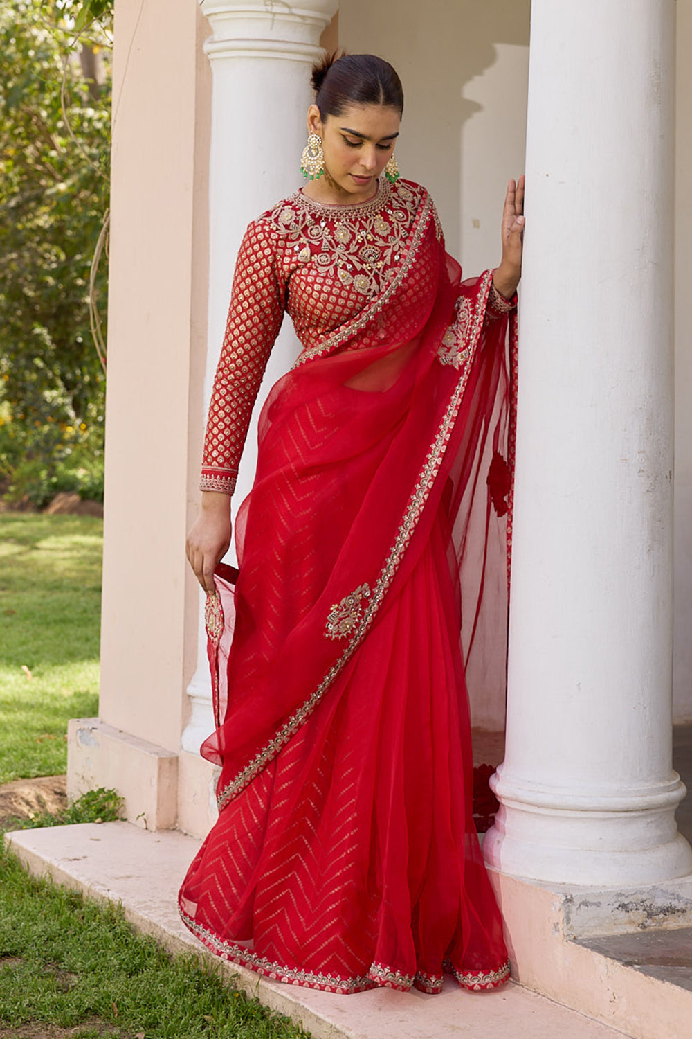 Red pure organza saree with embroidered blouse and jacquard under skirt