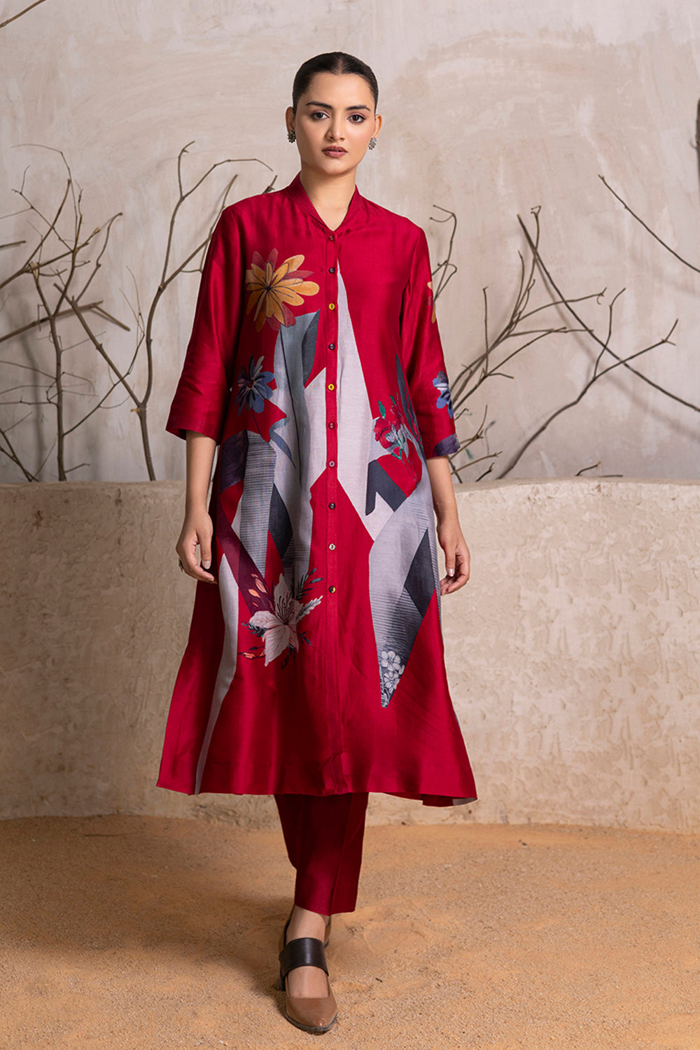 Red Silk Chanderi Printed Front Open Dress