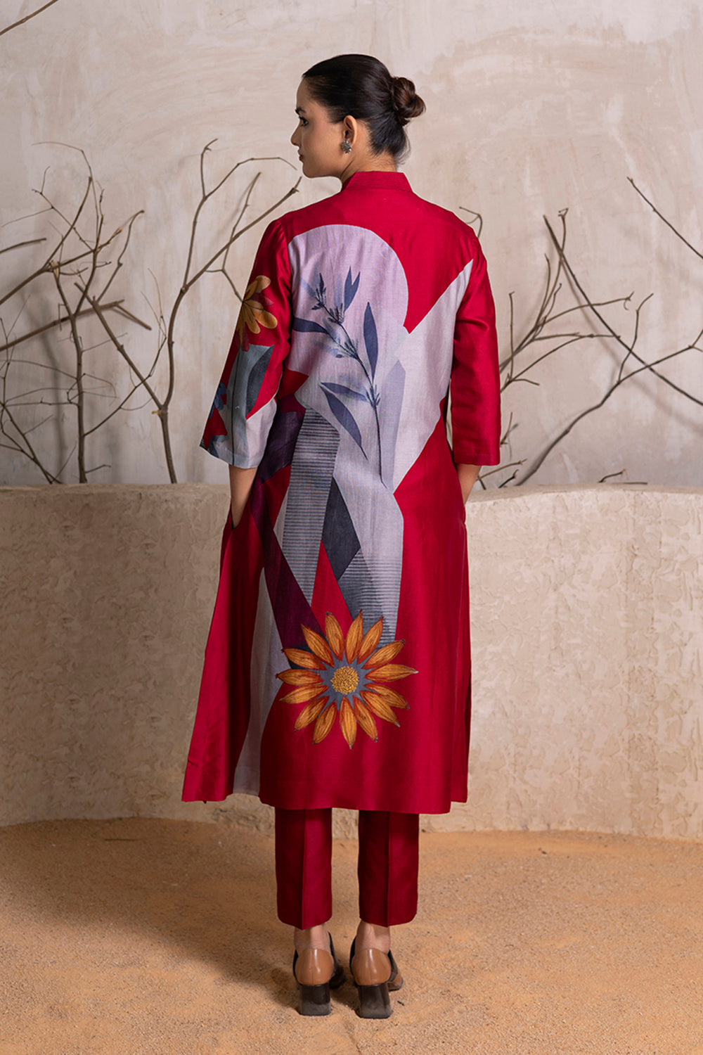 Red Silk Chanderi Printed Front Open Dress