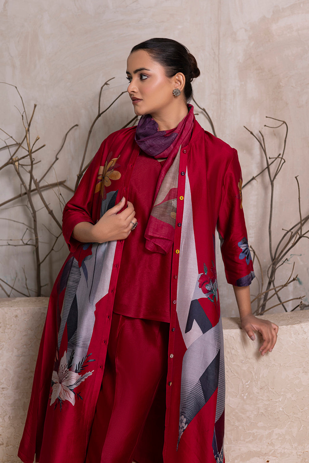 Red Silk Chanderi Printed Front Open Dress