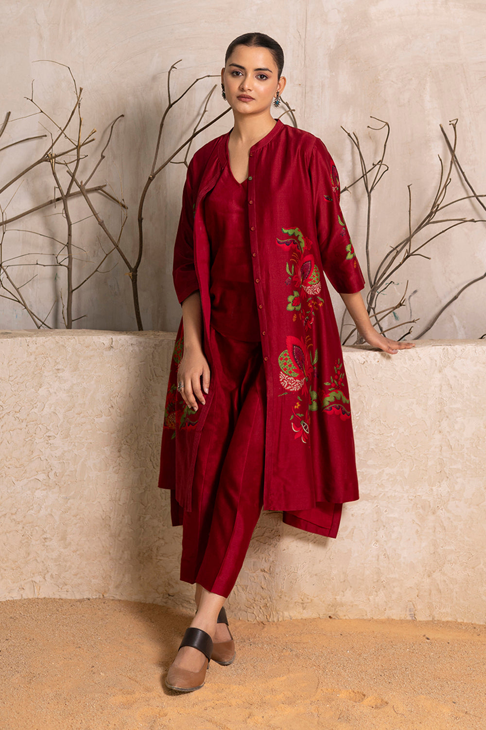 Red Silk Chanderi Printed Front Open Floral Dress