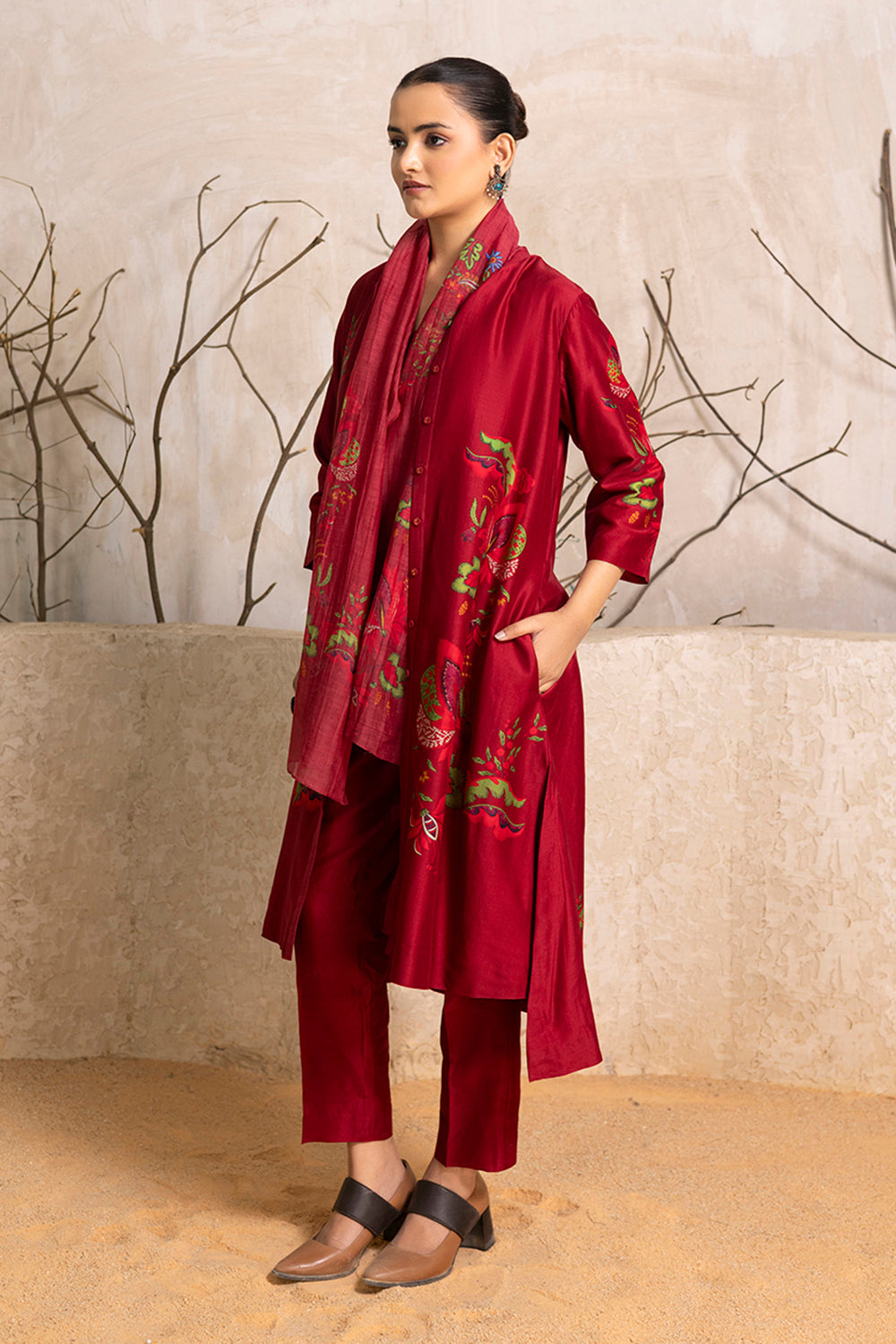 Red Silk Chanderi Printed Front Open Floral Dress