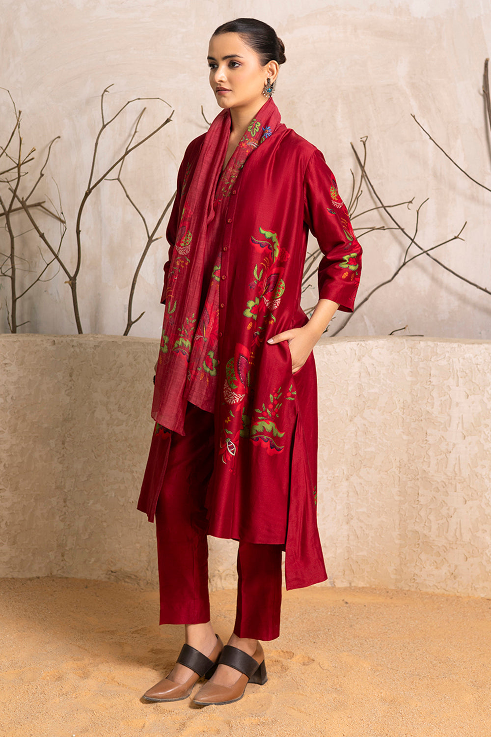 Red Silk Chanderi Printed Stole