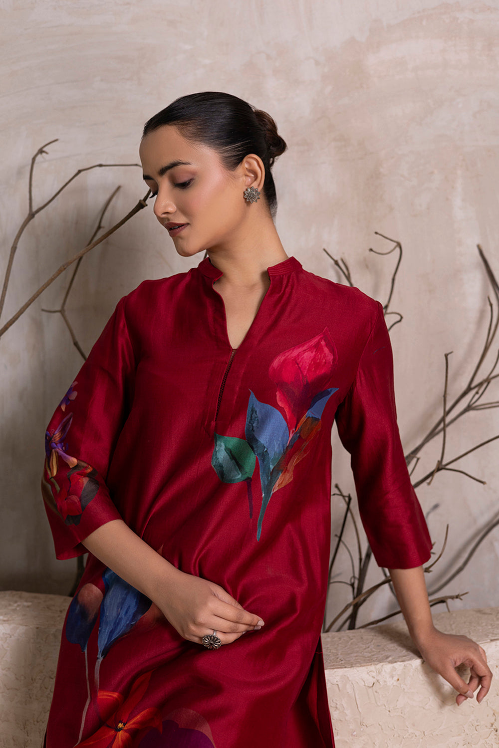 Red Silk Chanderi Printed Tunic