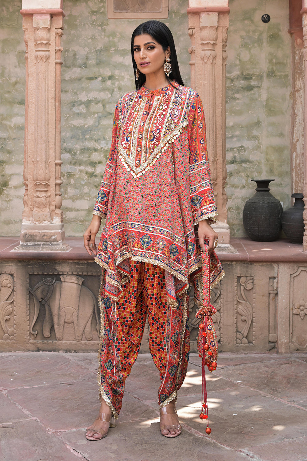 Red Viscose Crepe Suit Set with Tulip Pants – Elegant Ethnic Style