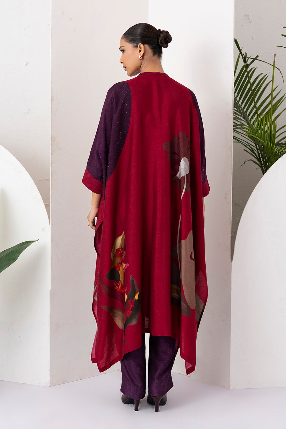 Red Viscose Dupion Printed Kaftaan Style Dress
