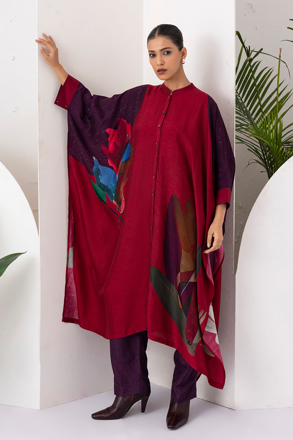 Red Viscose Dupion Printed Kaftaan Style Dress