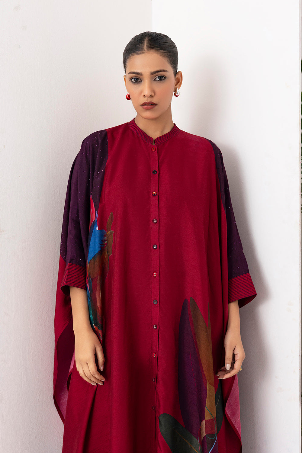 Red Viscose Dupion Printed Kaftaan Style Dress