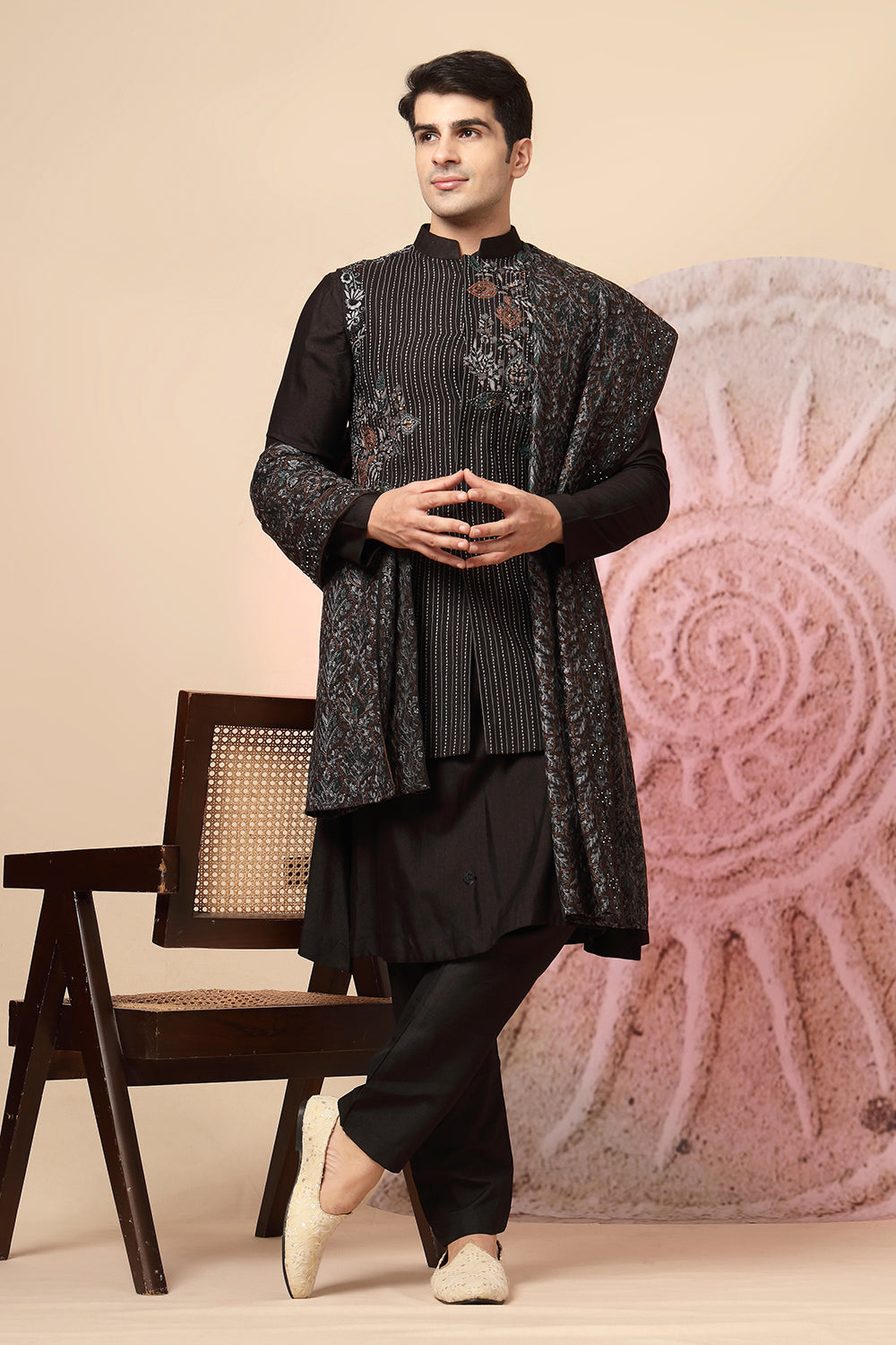Regal Black Sherwani With Designer Embroidery & Draped Dupatta
