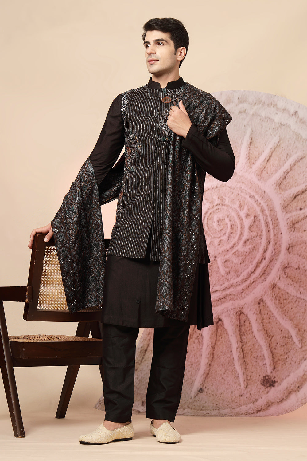 Regal Black Sherwani With Designer Embroidery & Draped Dupatta