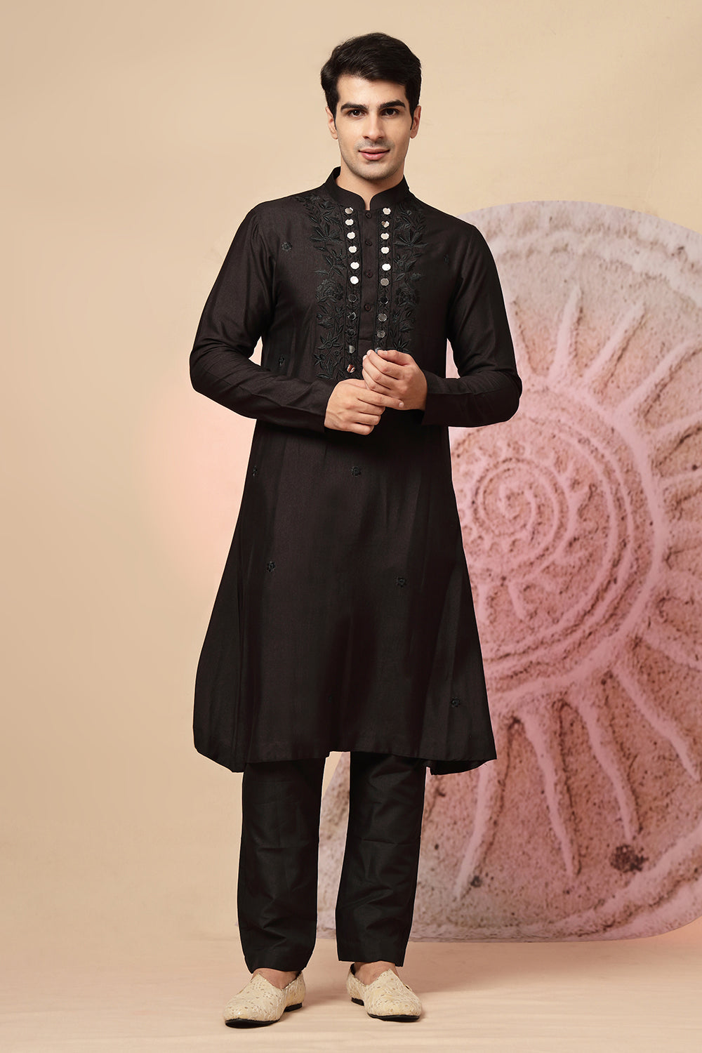 Regal Black Sherwani With Designer Embroidery & Draped Dupatta