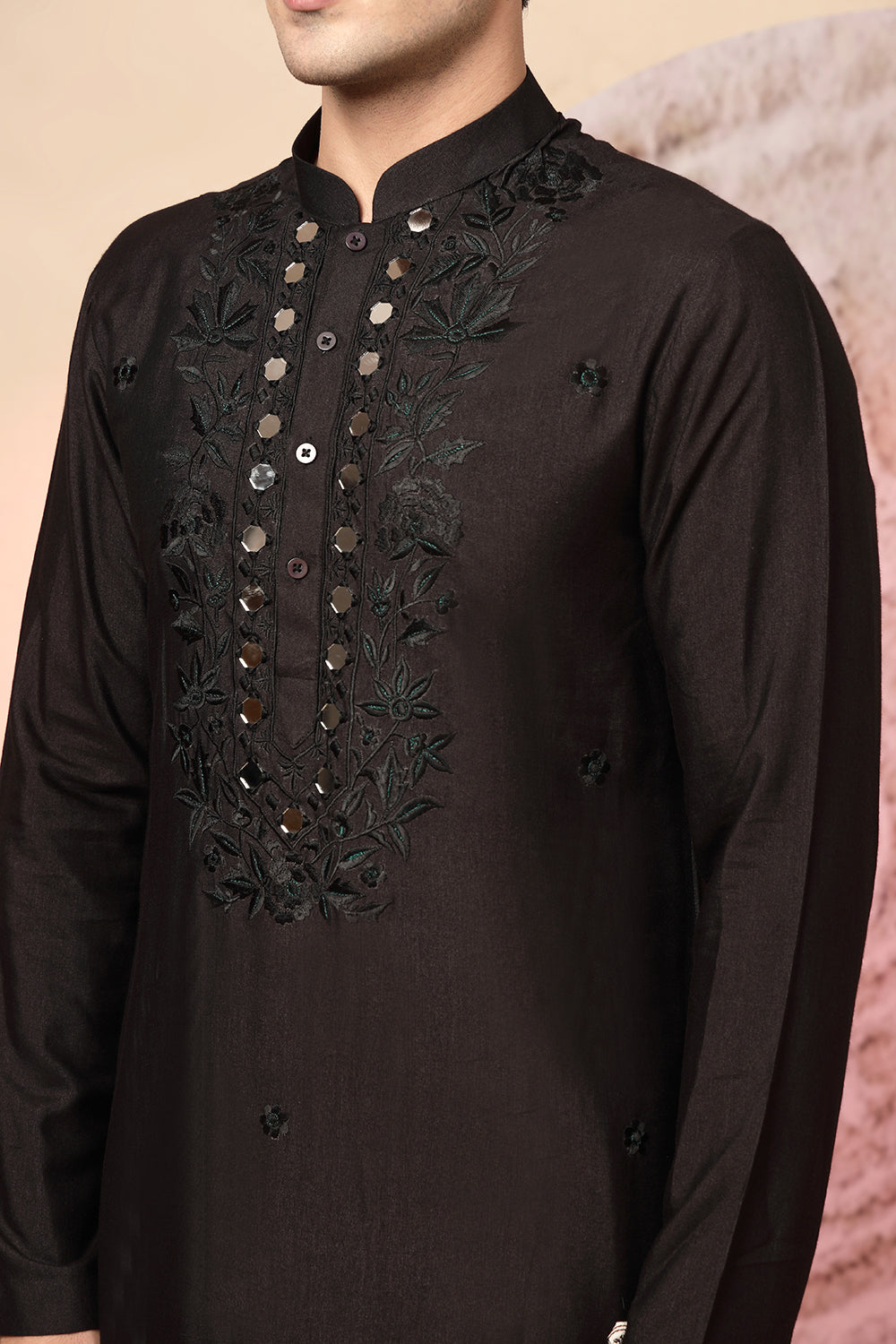 Regal Black Sherwani With Designer Embroidery & Draped Dupatta