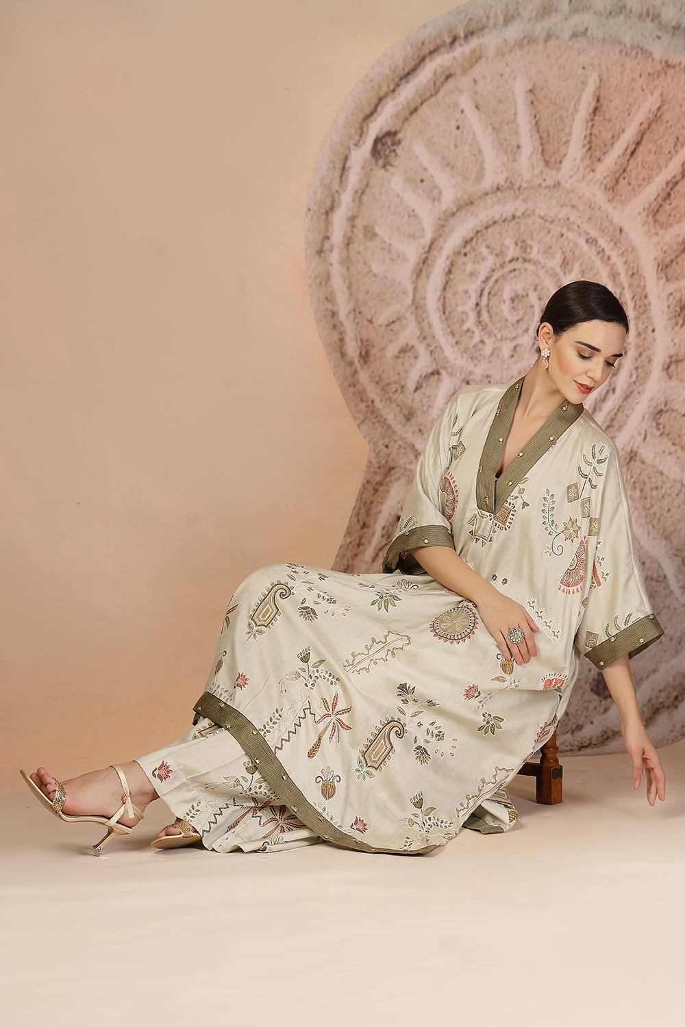 Relaxed Fit Grey Cotton Kaftan Set with Pleated Pants & Metallic Detailing