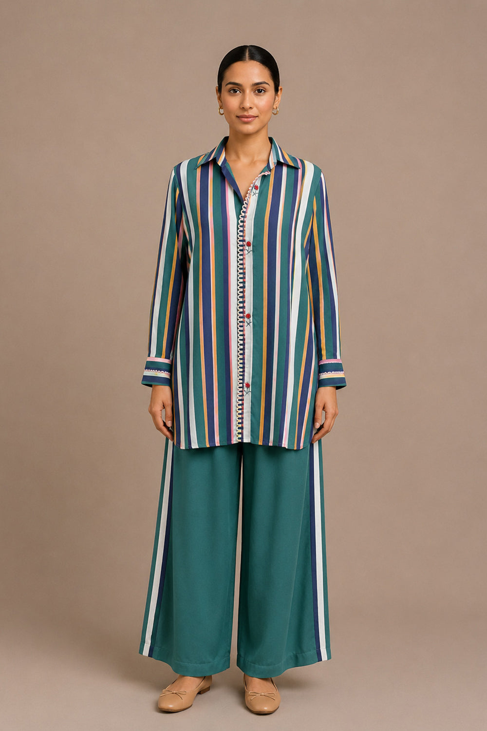 Relaxed Fit Striped Matching Shirt and Palazzo Pants Set