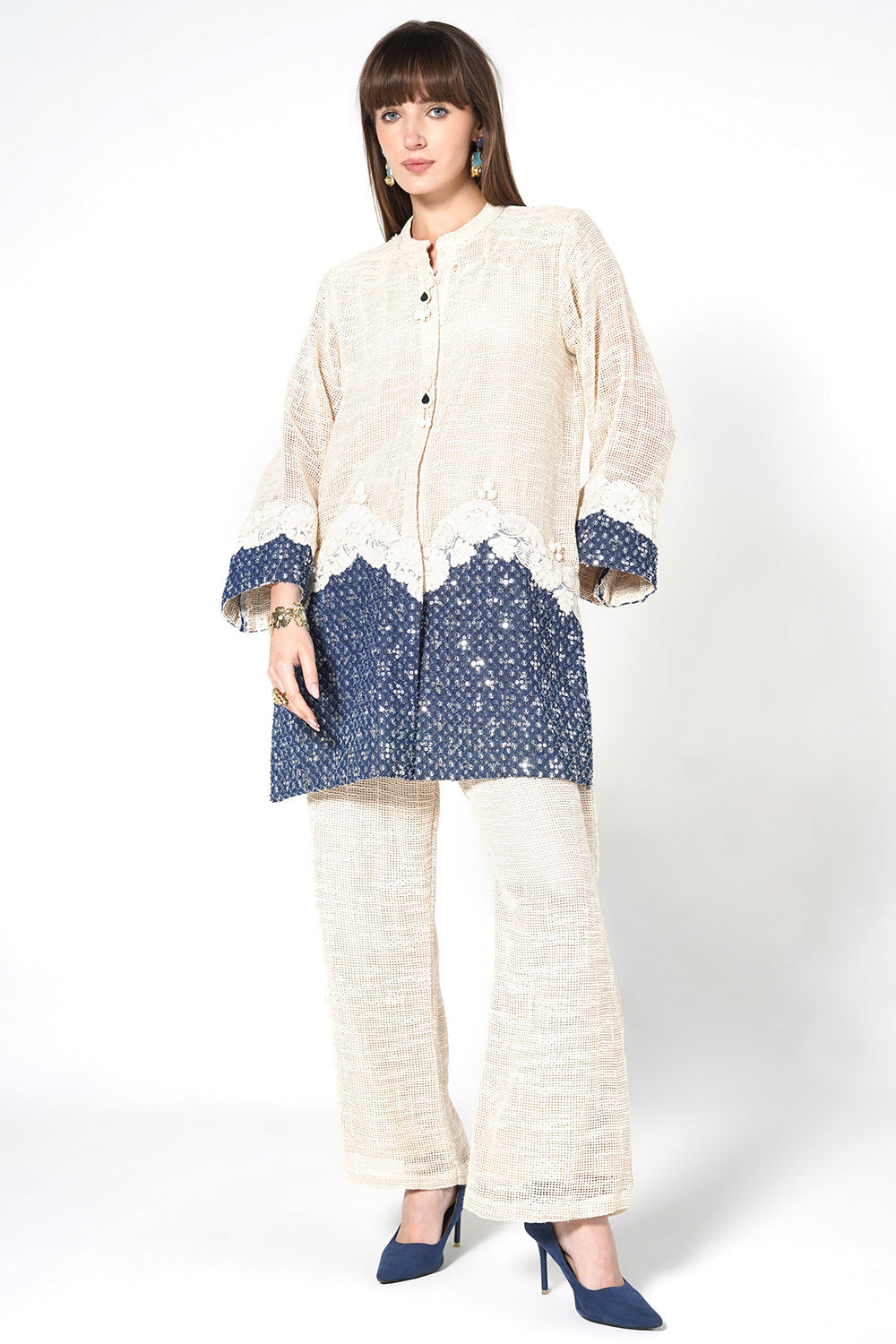 Resha Jute Fabric Lace Detail Designer Co-Ord Set Shirt Palazzo