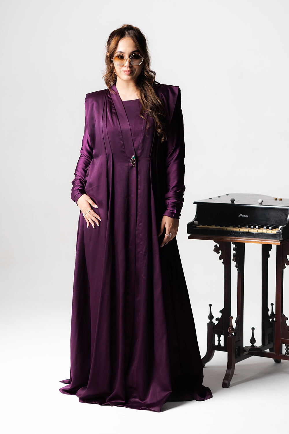 Rich Purple Satin Silk Cape Gown Set