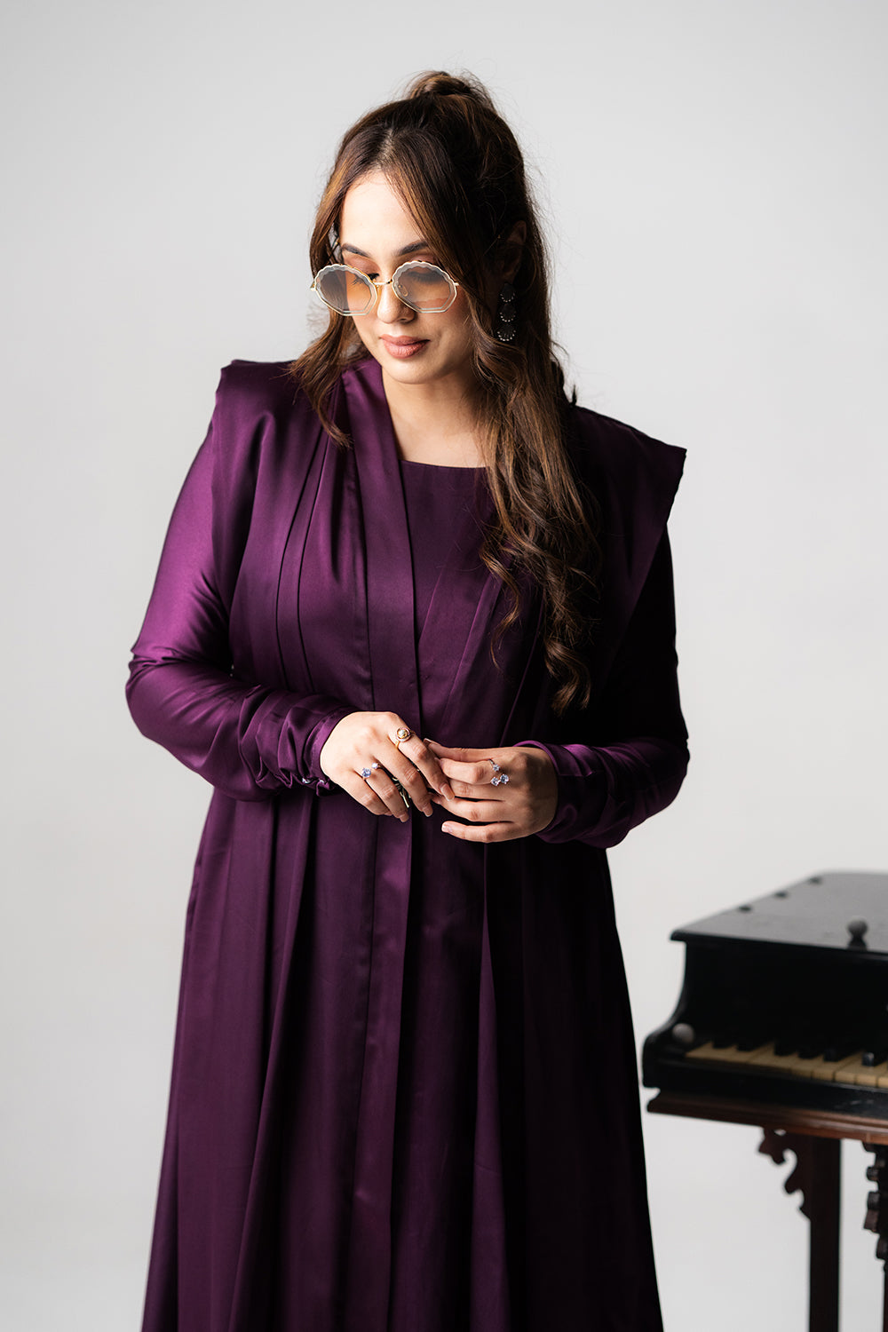 Rich Purple Satin Silk Cape Gown Set