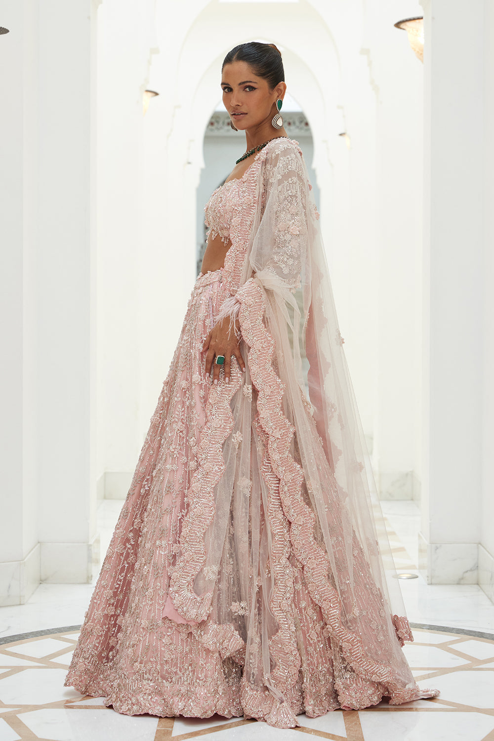 Rose Pink Net Lehenga Choli Dupatta Set