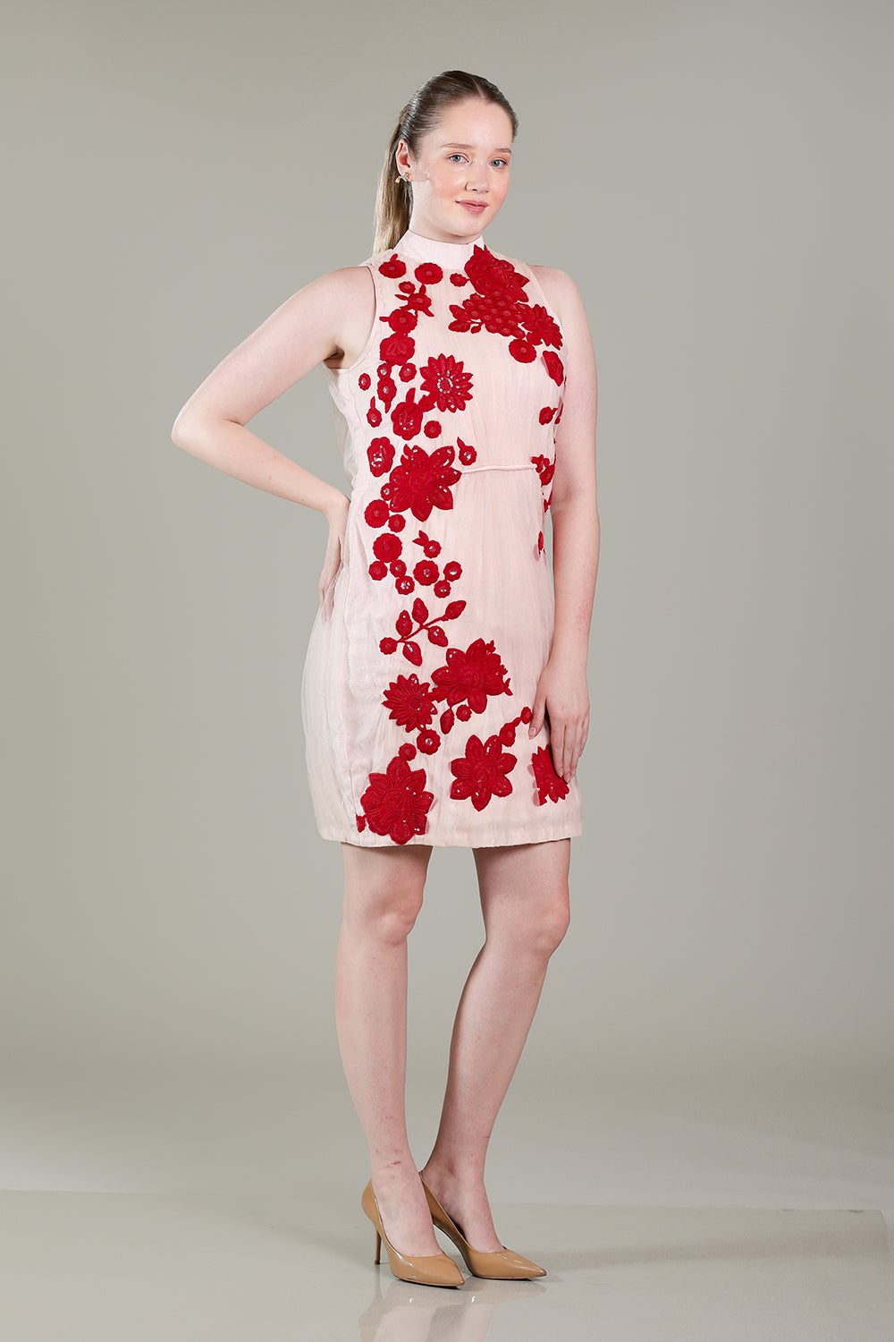 Rose pink ruched dress with red thread work patchwork