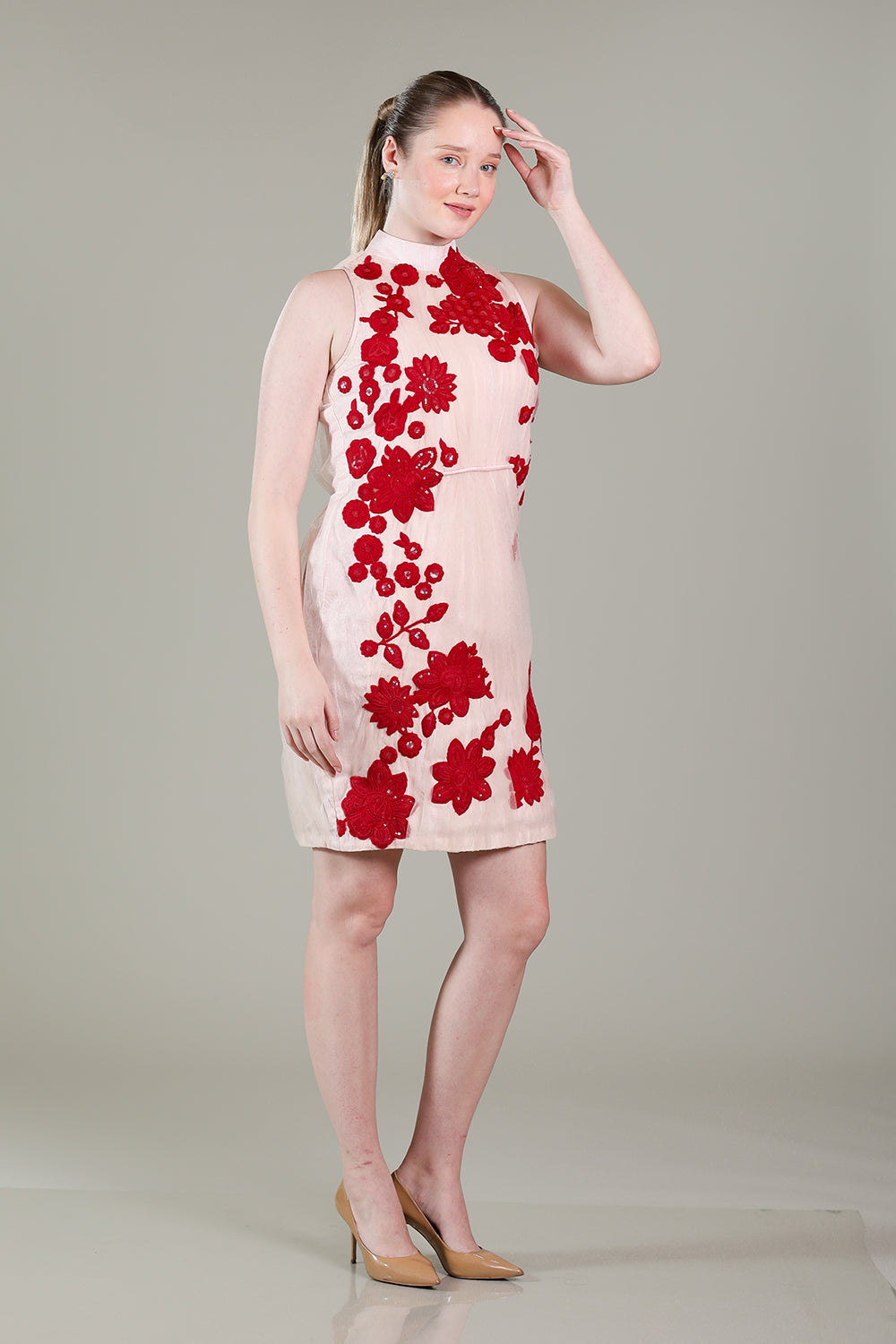 Rose pink ruched dress with red thread work patchwork