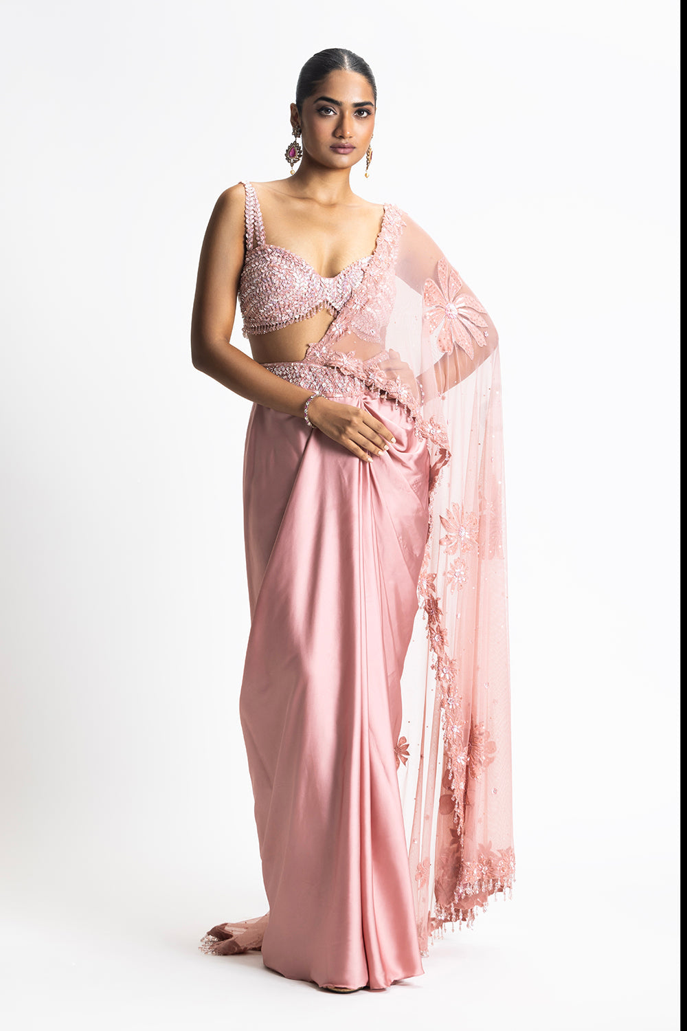 Rose Pink Satin Pre-Draped Saree