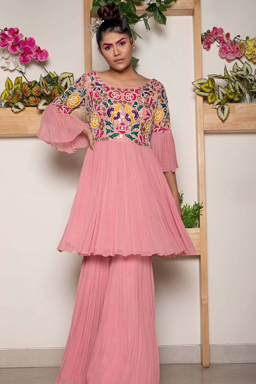 Rouched Garara Pants with Rouched Flare Top and Net Dupatta