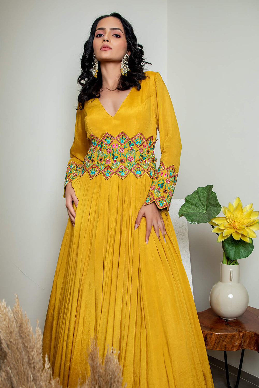 Rouched Gown with Embroidered Belt and Dupatta