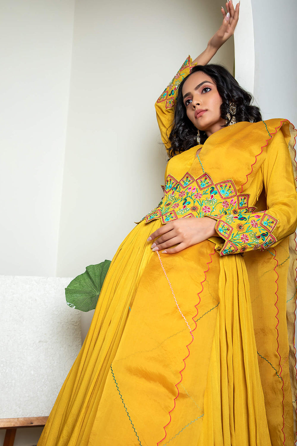 Rouched Gown with Embroidered Belt and Dupatta