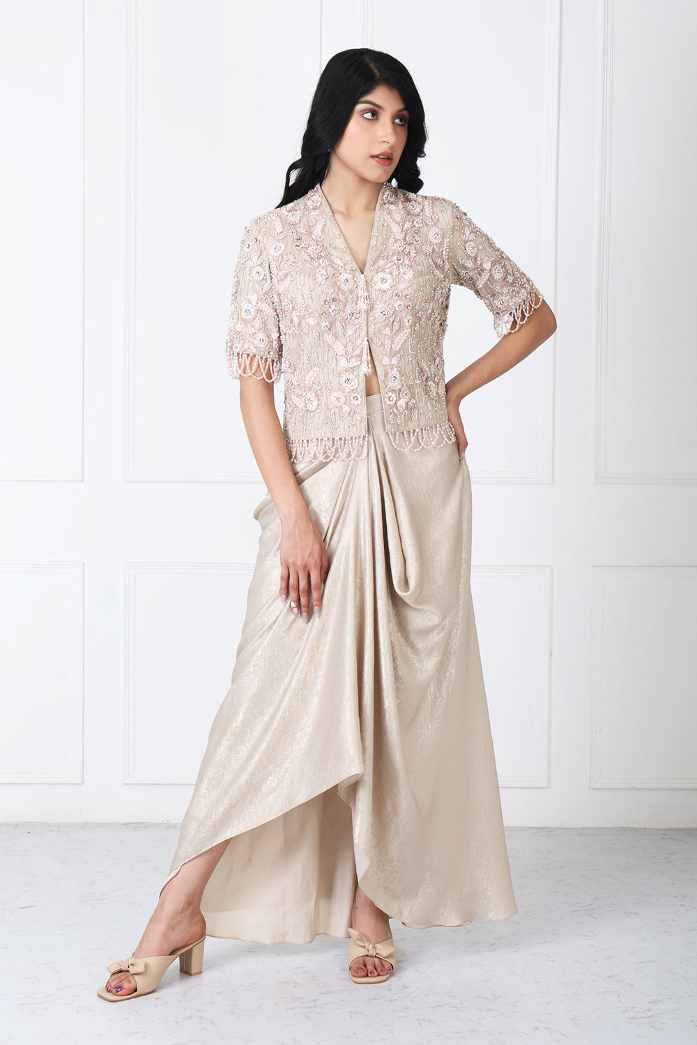Royal Beige Embroidered Jacket With Drape Skirt