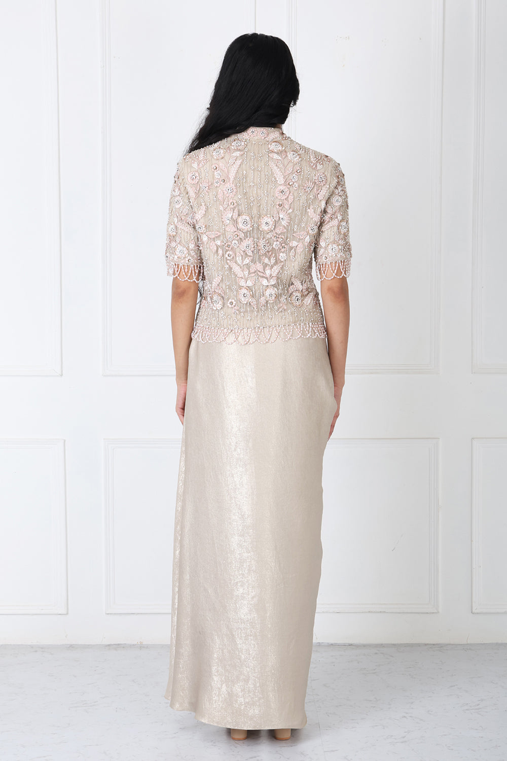 Royal Beige Embroidered Jacket With Drape Skirt