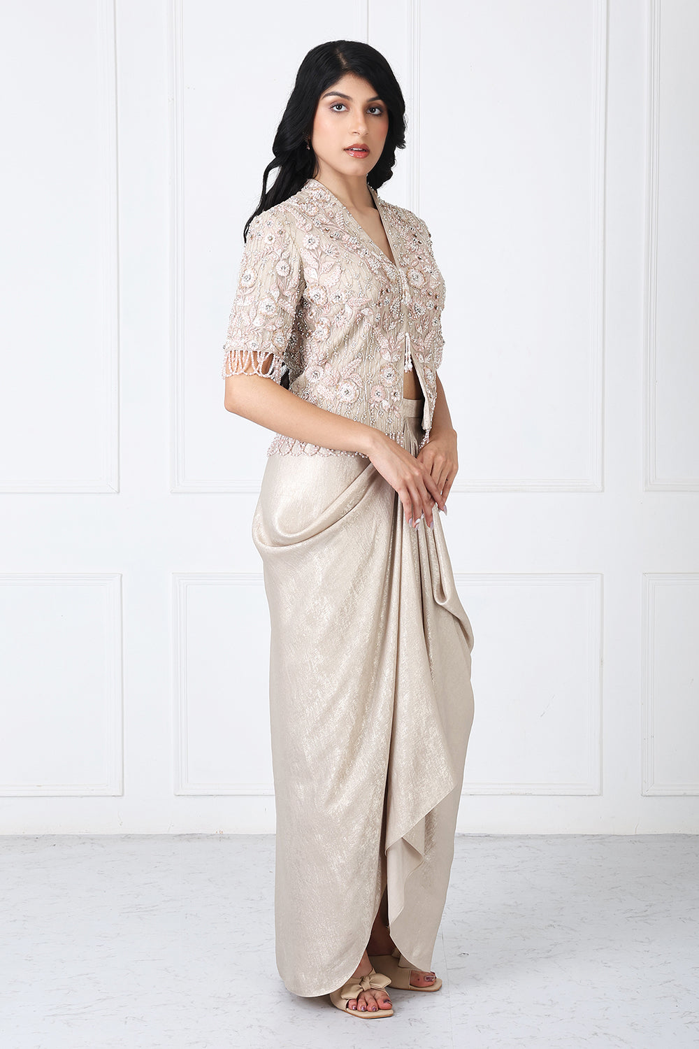 Royal Beige Embroidered Jacket With Drape Skirt