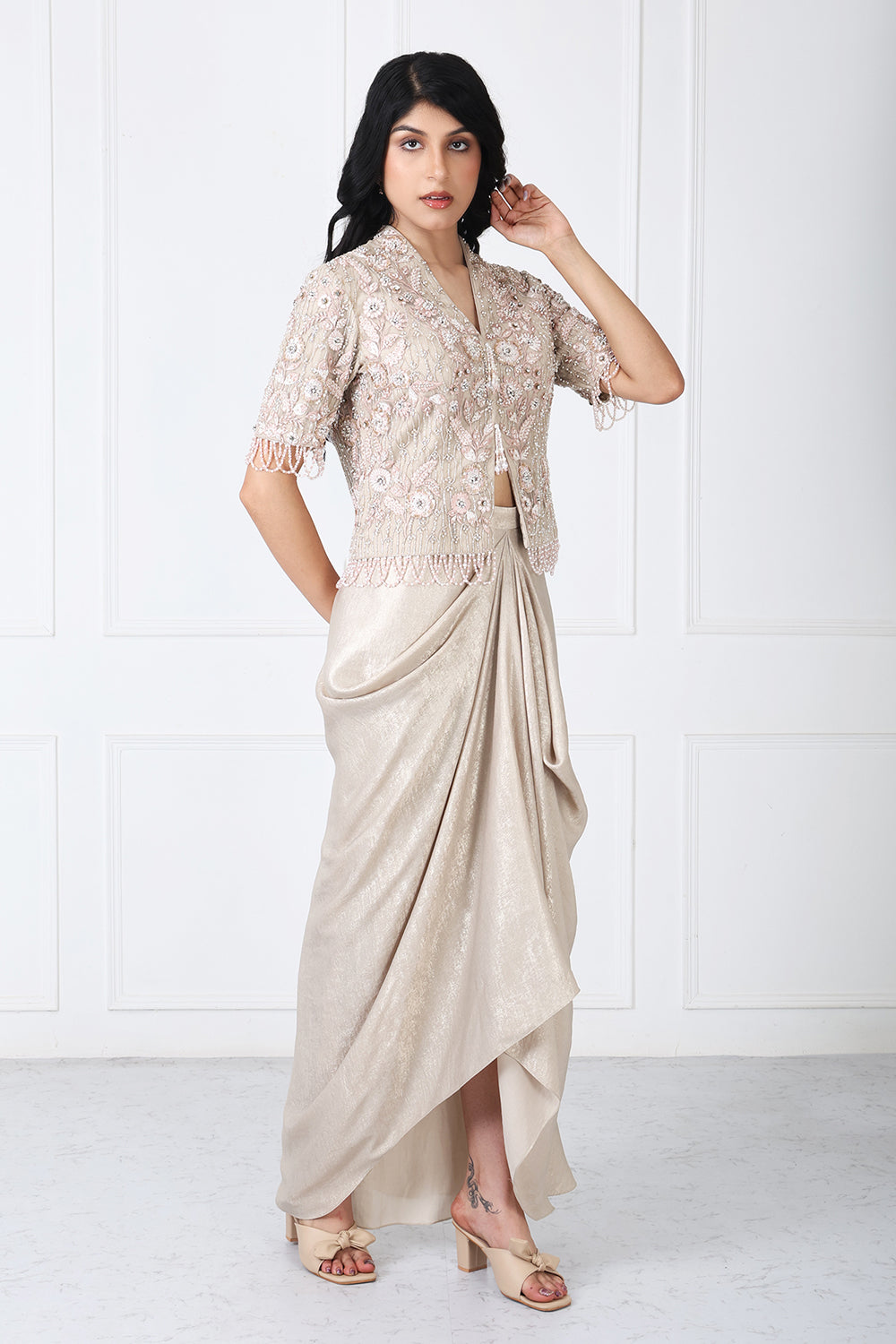 Royal Beige Embroidered Jacket With Drape Skirt