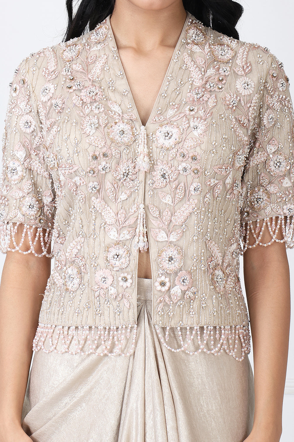 Royal Beige Embroidered Jacket With Drape Skirt