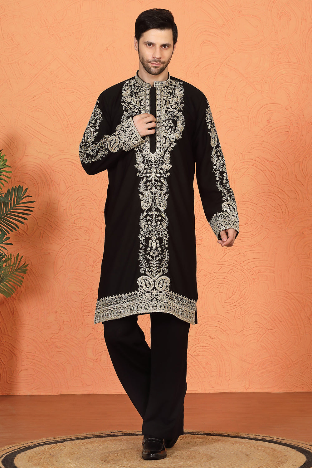 Royal Black Kashmiri Embroidered Kurta with Loose Fit Parallel Matching Pants