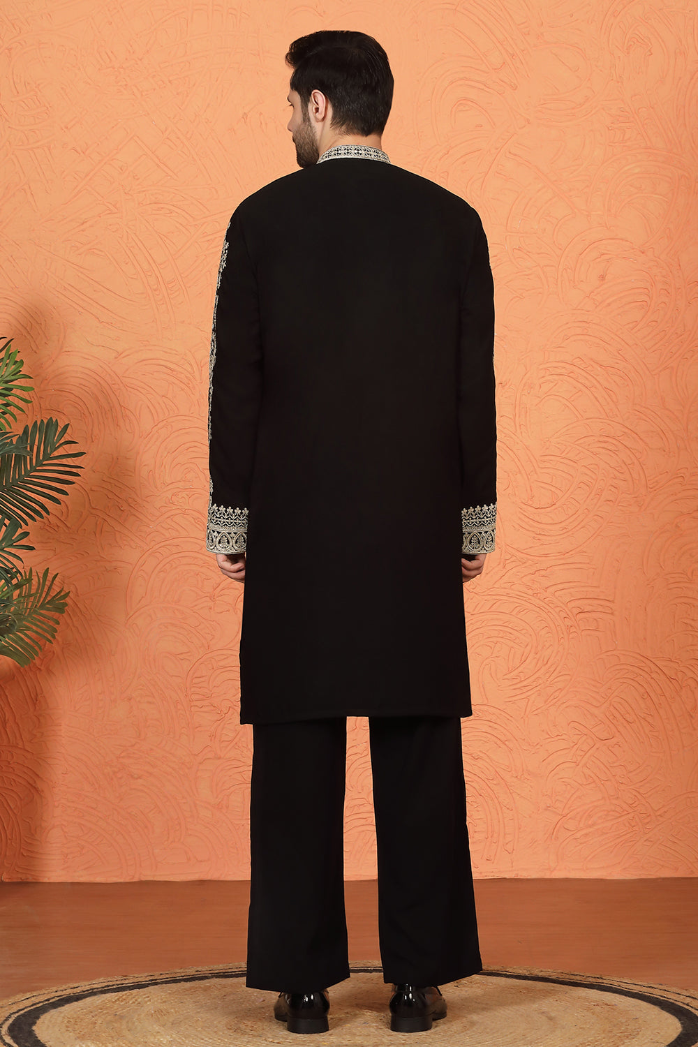 Royal Black Kashmiri Embroidered Kurta with Loose Fit Parallel Matching Pants