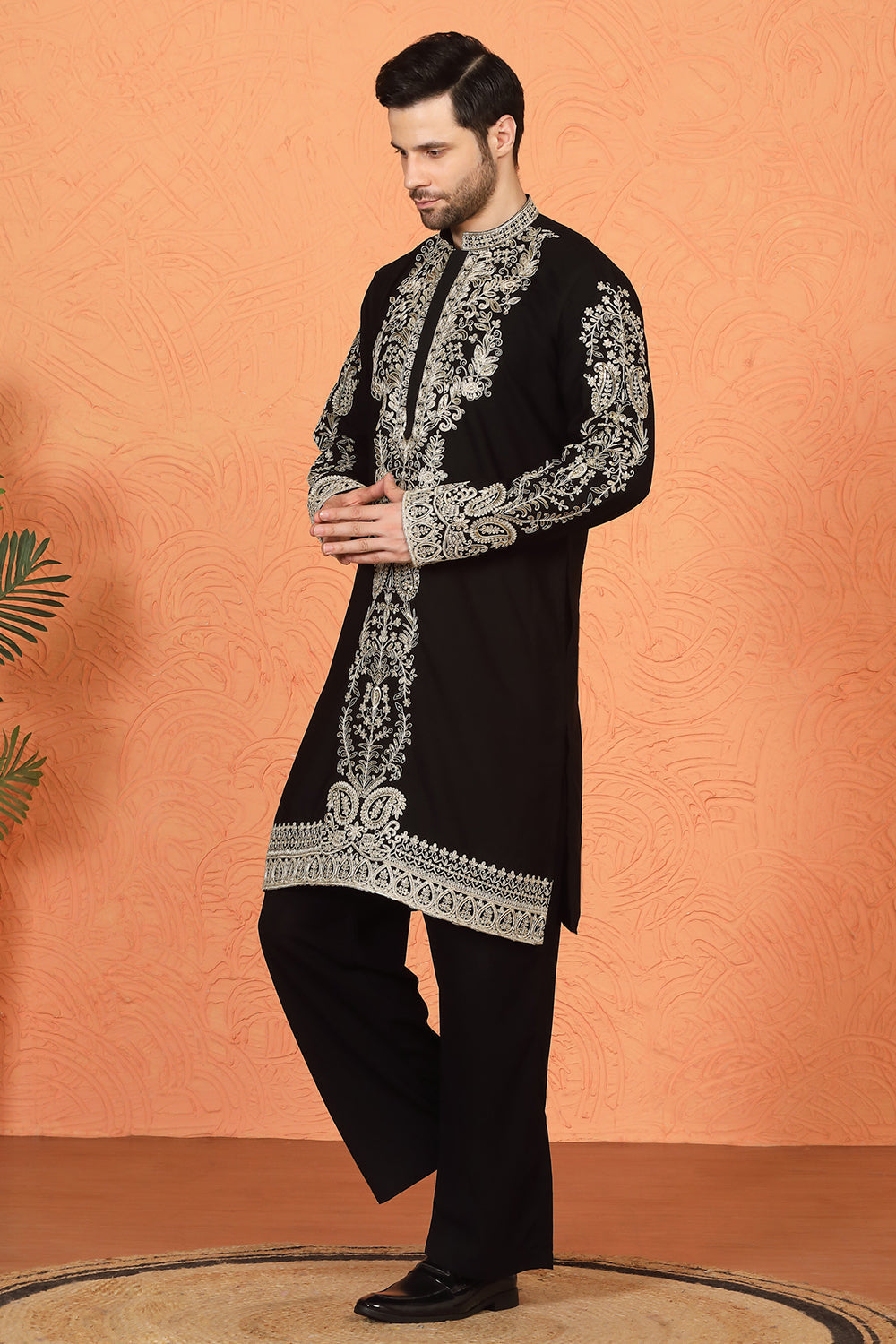Royal Black Kashmiri Embroidered Kurta with Loose Fit Parallel Matching Pants