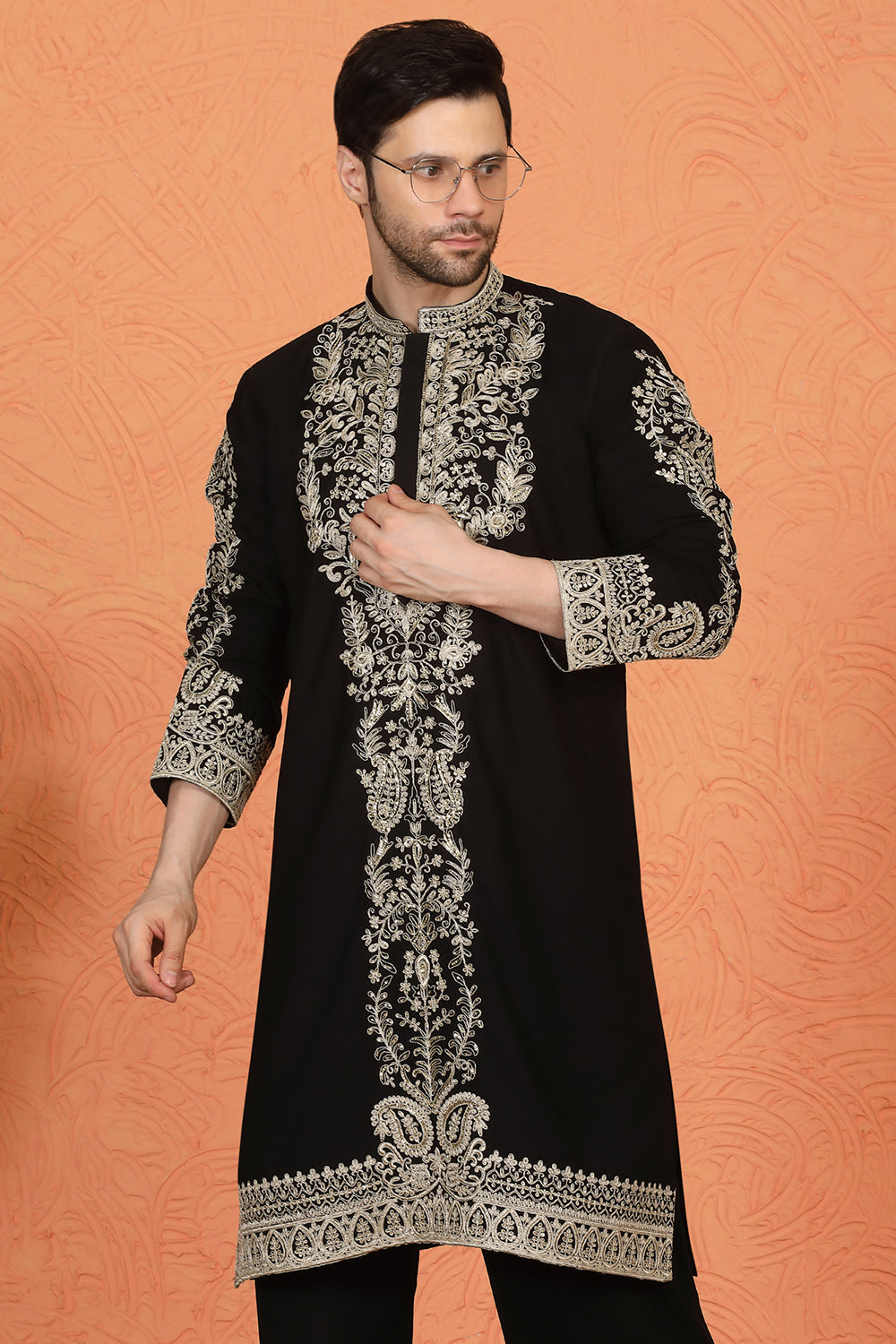 Royal Black Kashmiri Embroidered Kurta with Loose Fit Parallel Matching Pants