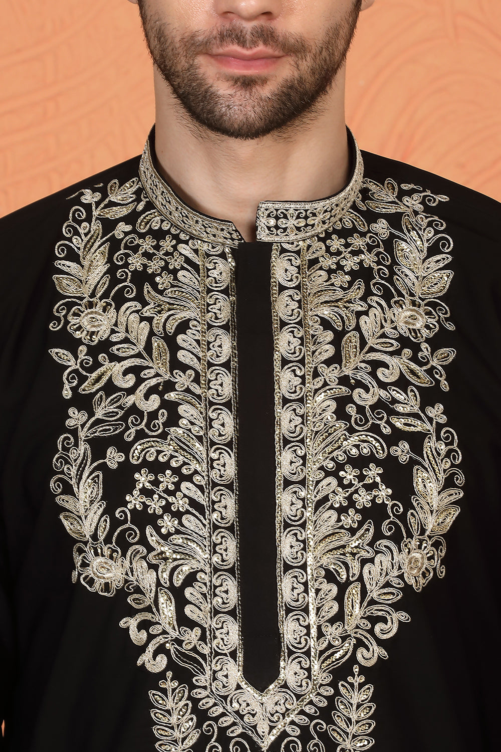 Royal Black Kashmiri Embroidered Kurta with Loose Fit Parallel Matching Pants
