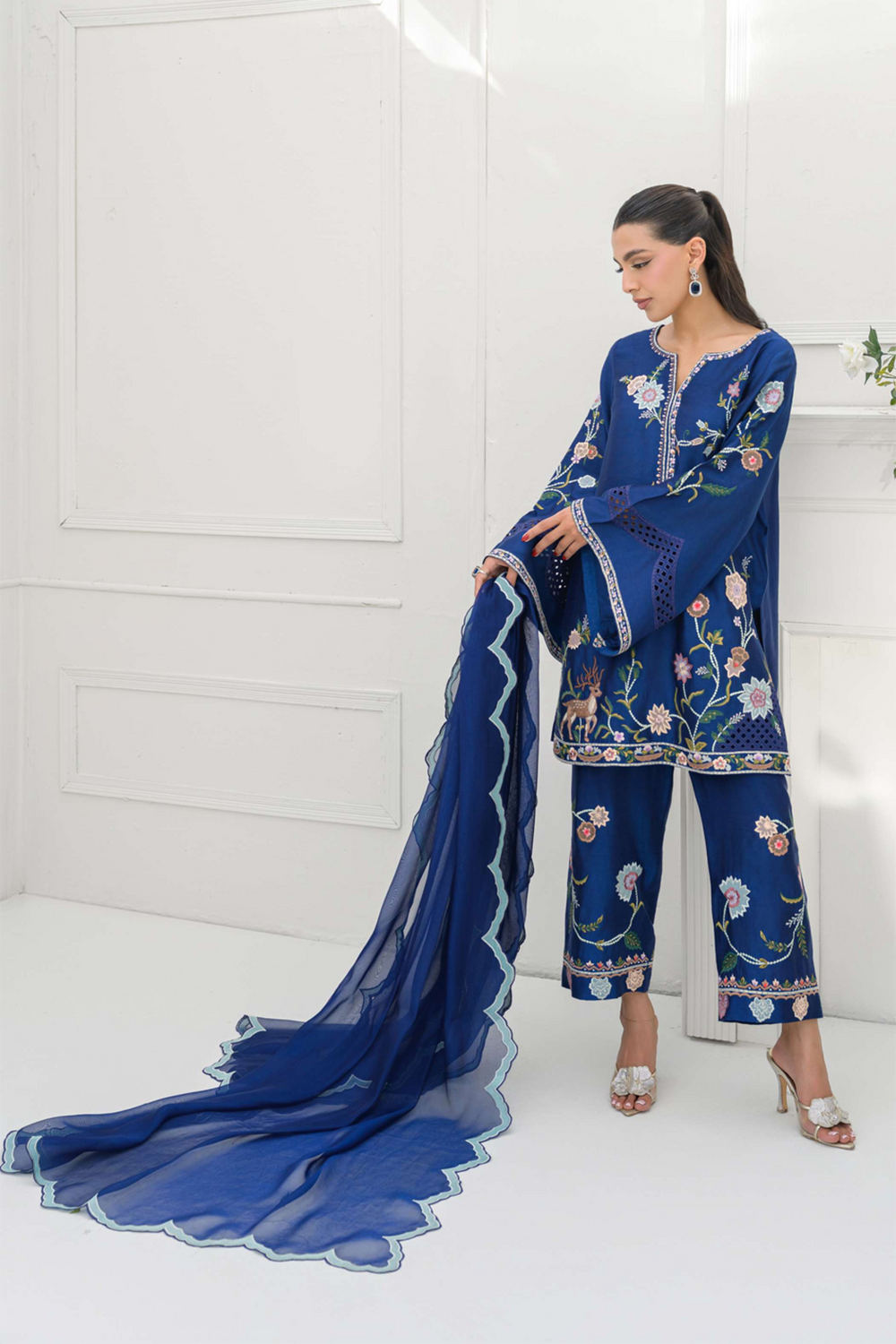 Royal Blue Silk Embroidered Kurta Palazzo Suit Sets