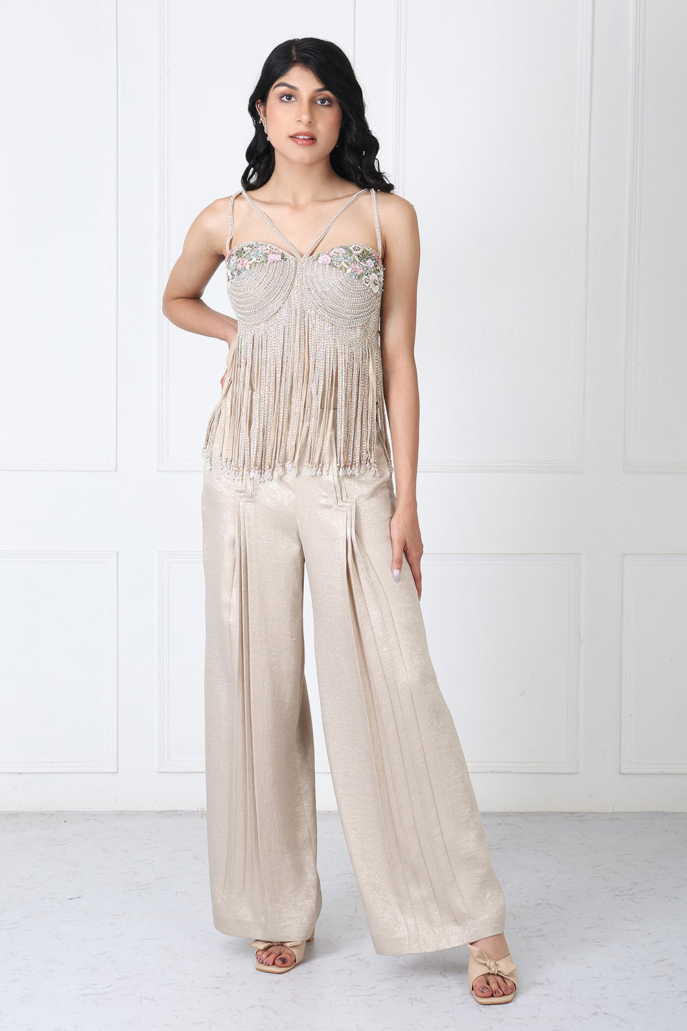 Royal Golden Pants With Floral Bodysuit
